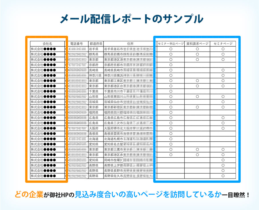 メール配信レポートのサンプル どの企業が御社HPの見込み度合いの高いページを訪問しているか一目瞭然！