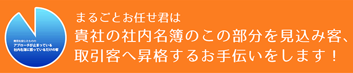 まるごとお任せ君は貴社の社内名簿の費用を投じたもののアプローチが止まっている社内名簿に載っているだけの客を見込み客、取引客へ昇格するお手伝いをします！